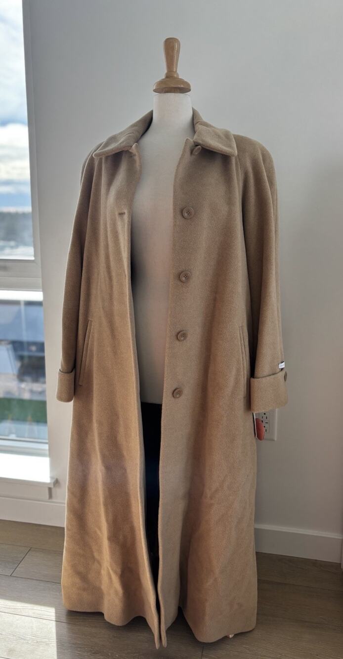 NWT Liz Claiborne Brown Tan 100% Pure Camel Hair Button Long Trench Coat Size 14